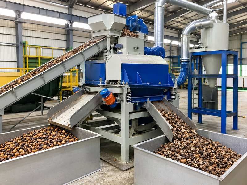 PKS palm kernel shells being processed on a conveyor in an industrial biomass facility